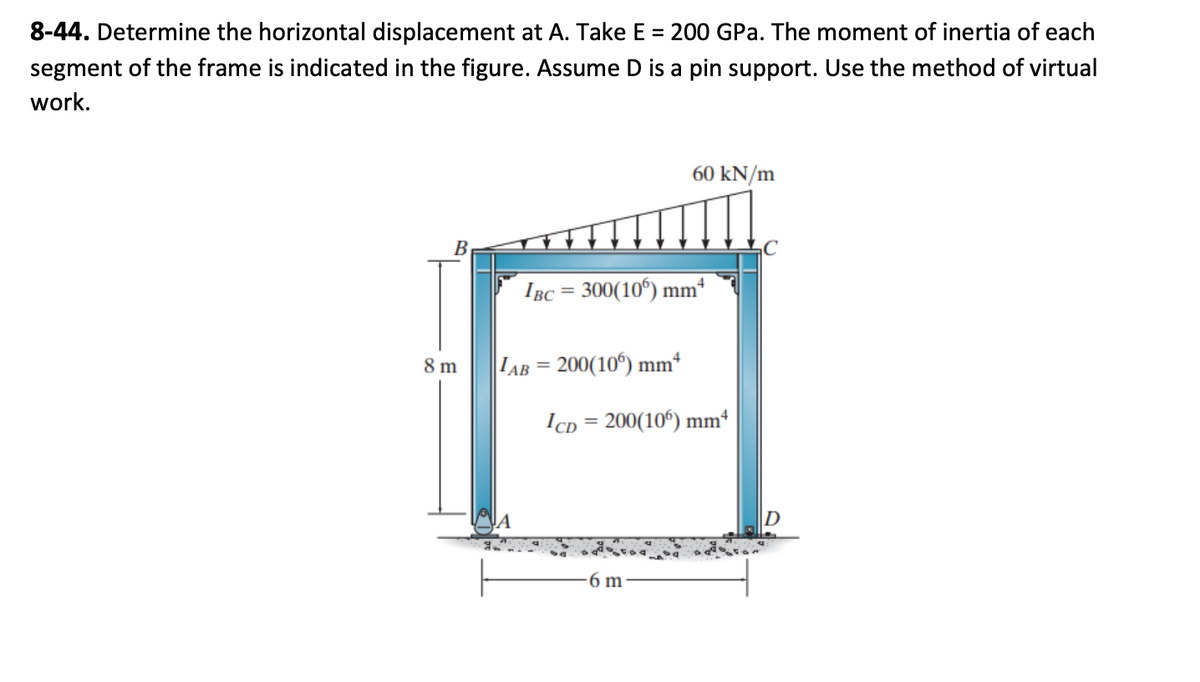 8-44. Determine the horizontal displacement at A. Take E = 200 GPa. The moment of inertia of each
segment of the frame is indicated in the figure. Assume D is a pin support. Use the method of virtual
work.
B
8m
IBC = 300(106) mmª
LAB= 200(106) mmª
60 kN/m
ICD = 200(106) mm²
6 m
D