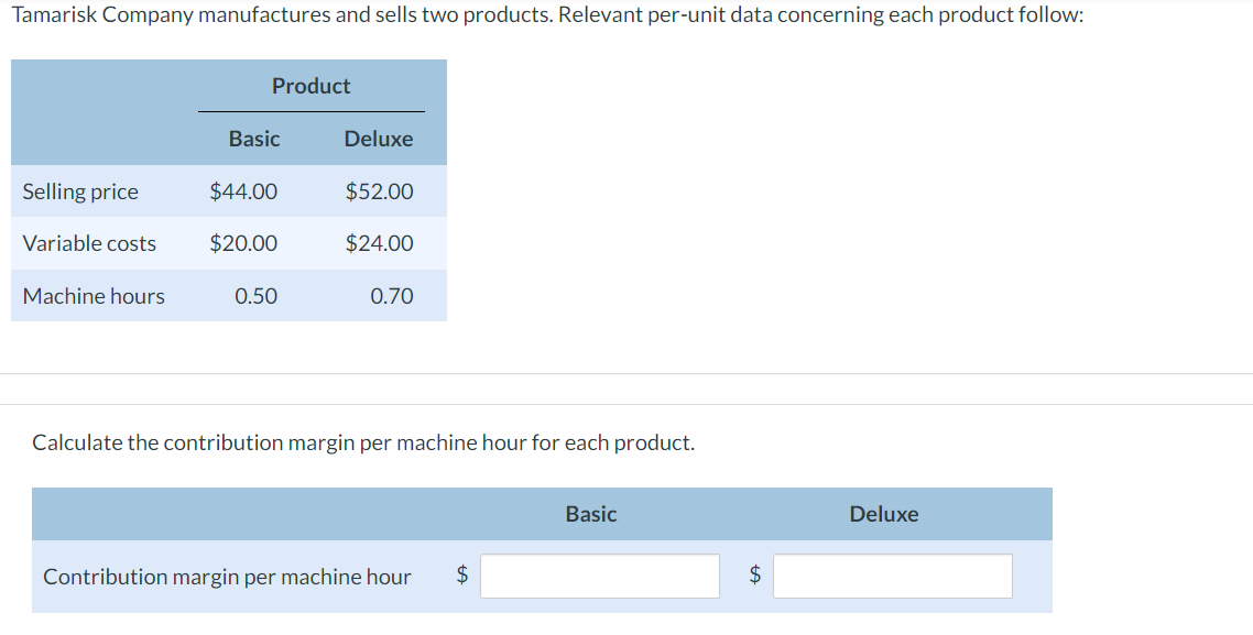 Tamarisk Company manufactures and sells two products. Relevant per-unit data concerning each product follow:
Selling price
Variable costs
Machine hours
Product
Basic
$44.00
$20.00
0.50
Deluxe
$52.00
$24.00
0.70
Calculate the contribution margin per machine hour for each product.
Contribution margin per machine hour $
Basic
$
Deluxe