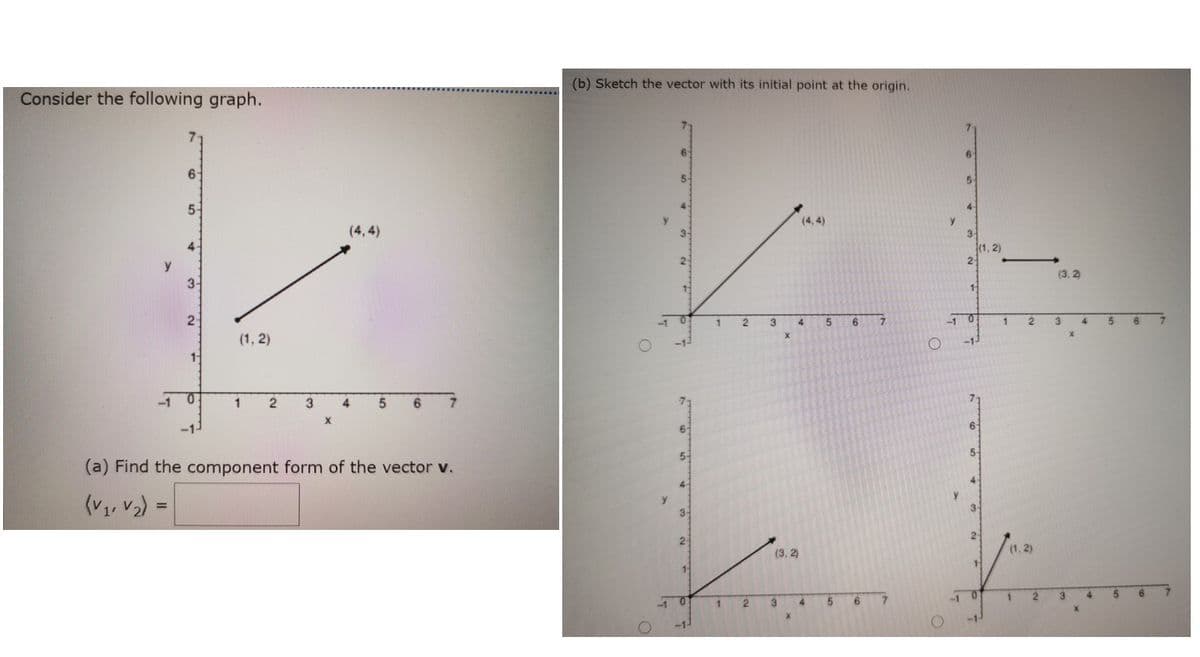 (b) Sketch the vector with its initial point at the origin.
Consider the following graph.
6-
5-
5-
4-
(4, 4)
y
(4,4)
3-
4-
(1, 2)
2-
y
(3, 2
3-
1
4
3
4.
(1, 2)
-12
-1-
1 0.
1
2
3
4
6.
6-
5-
5-
(a) Find the component form of the vector v.
4-
(Vy, V2) =
y
2
2
(3, 2)
(1, 2)
11
3.
-1
4.
-1-
