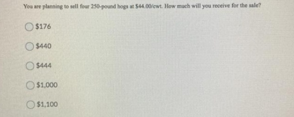 You are planning to sell four 250-pound hogs at $44.00/cwt. How much will you receive for the sale?
O $176
O $440
O $444
O $1,000
O $1,100
