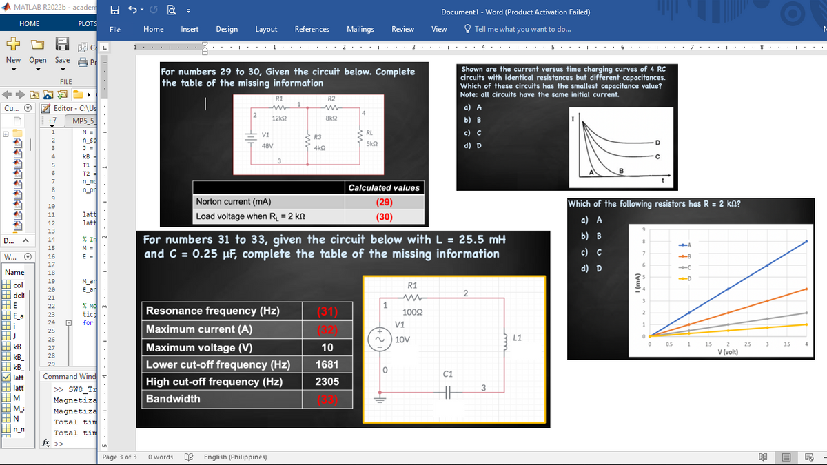 MATLAB R2022b-academ
HOME
++
Cu... O
New Open Save P
|349933331
D... A
W... Ⓒ
Name
col
delt
HE
E_a
Hi
HJ
kB
kB_
kB
latt
latt
M
M_
|N
n_n
+7
1
2
3
Editor - C:\Us
MP5_5
N =
n_sp
J =
kB =
T1
=
T2 =
n_mc
n_pr
5
6
7
8
9
10
11
12
13
14
15
16
17
18
19
20
21
FILE
22
23
24 8
25
26
27
28
29
PLOTS
40
CL
fx >>
latt
latt
% IN N
M =
E =
M_ar
E_ar
Command Wind
>> SW8 Tr
Magnetiza
Magnetiza
3.2.1.
% MO m
tic;
for
Total tim
Total tim
File
1
11
Home
Page 3 of 3
=
Insert
Design Layout References
0 words
2
For numbers 29 to 30, Given the circuit below. Complete
the table of the missing information
R1
www
12kQ
V1
48V
3
Norton current (mA)
Load voltage when R₁ = 2 k
English (Philippines)
1 2 3 4 5 6・・・・・・ 7・・・・・ 8
Resonance frequency (Hz)
Maximum current (A)
Maximum voltage (V)
Lower cut-off frequency (Hz)
High cut-off frequency (Hz)
Bandwidth
R2
ww
8kQ
Mailings
R3
4kQ2
(31)
(32)
10
1681
2305
RL
5kQ2
Review
Calculated values
(29)
(30)
For numbers 31 to 33, given the circuit below with L = 25.5 mH
and C = 0.25 µF, complete the table of the missing information
1
Document1 - Word (Product Activation Failed)
Tell me what you want to do...
** ***・・・
R1
ww
10092
V1
~ 10V
0
View
C1
HH
Shown are the current versus time charging curves of 4 RC
circuits with identical resistances but different capacitances.
Which of these circuits has the smallest capacitance value?
Note: all circuits have the same initial current.
a) A
b) B
c) C
d) D
2
3
L1
1994
9
8
7
6
3
2
1
0
Which of the following resistors has R = 2 kn?
a) A
b) B
c) C
d) D
0
D
C
-A
<-8
-D
0.5 1
1.5
2
V (volt)
2.5
3
' I
3.5
|E
E
M