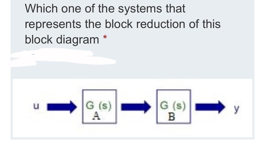 Which one of the systems that
represents the block reduction of this
block diagram *
G (s)
A
G (s)
B
u
y
↑
