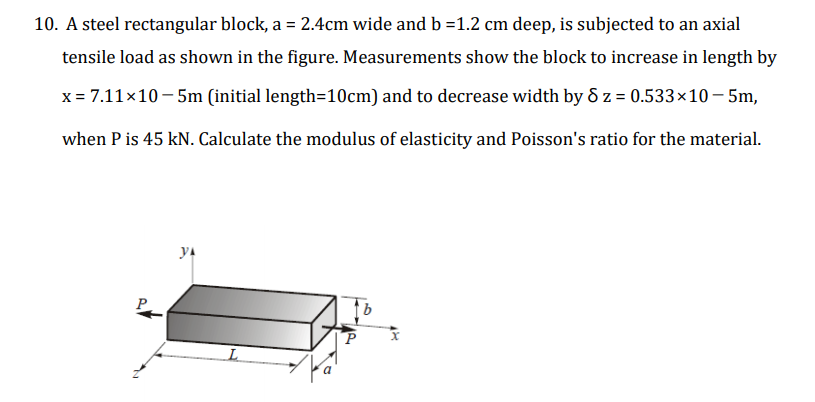 10. A steel rectangular block, a = 2.4cm wide and b =1.2 cm deep, is subjected to an axial
tensile load as shown in the figure. Measurements show the block to increase in length by
x = 7.11x10 – 5m (initial length=10cm) and to decrease width by & z = 0.533×10– 5m,
when P is 45 kN. Calculate the modulus of elasticity and Poisson's ratio for the material.
ya
L.
