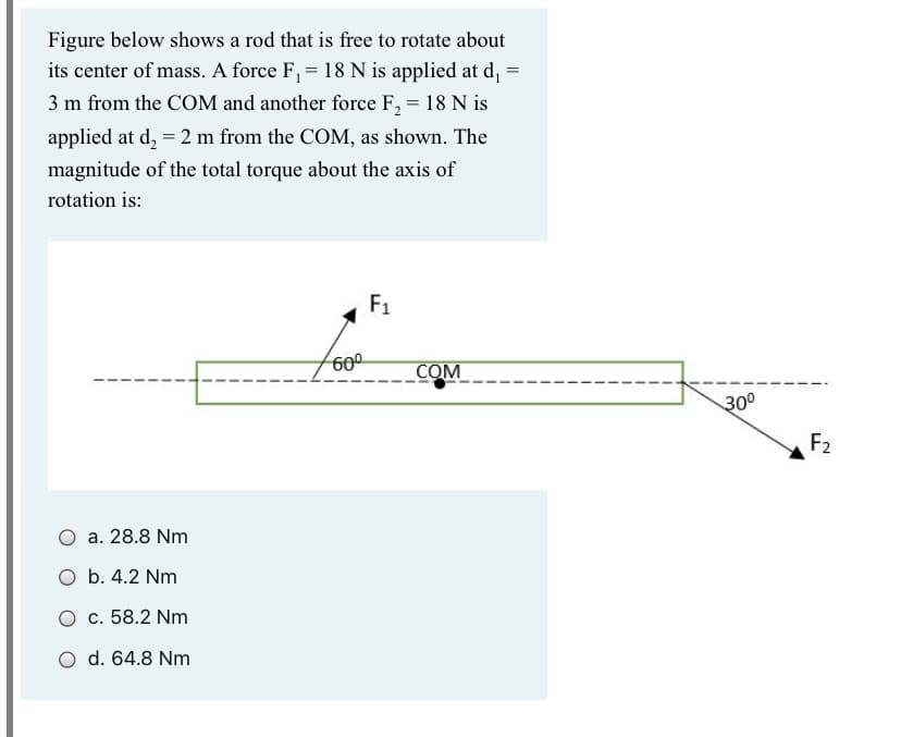 Figure below shows a rod that is free to rotate about
its center of mass. A force F, = 18 N is applied at d, =
3 m from the COM and another force F, = 18 N is
applied at d, = 2 m from the COM, as shown. The
magnitude of the total torque about the axis of
rotation is:
F1
600
COM
30°
F2
a. 28.8 Nm
O b. 4.2 Nm
O c. 58.2 Nm
d. 64.8 Nm
