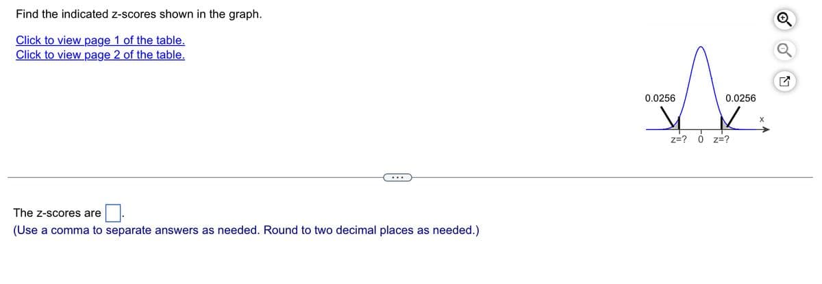 Find the indicated z-scores shown in the graph.
Click to view page 1 of the table.
Click to view page 2 of the table.
The Z-scores are
(Use a comma to separate answers as needed. Round to two decimal places as needed.)
0.0256
Z=? 0
0.0256
Z=?
X