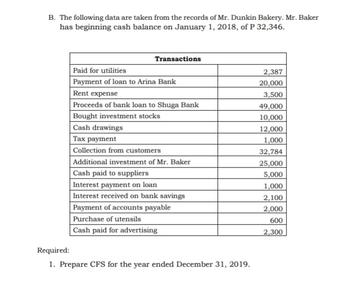 B. The following data are taken from the records of Mr. Dunkin Bakery. Mr. Baker
has beginning cash balance on January 1, 2018, of P 32,346.
Transactions
Paid for utilities
2,387
20,000
Payment of loan to Arina Bank
Rent expense
3,500
Proceeds of bank loan to Shuga Bank
49,000
Bought investment stocks
10,000
Cash drawings
|Таx раyment
12,000
1,000
Collection from customers
32,784
Additional investment of Mr. Baker
25,000
Cash paid to suppliers
5,000
| Interest payment on loan
Interest received on bank savings
1,000
2,100
Payment of accounts payable
2,000
Purchase of utensils
600
| Cash paid for advertising
2,300
Required:
1. Prepare CFS for the year ended December 31, 2019.
