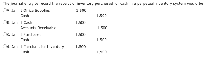 The journal entry to record the receipt of inventory purchased for cash in a perpetual inventory system would be
Oa. Jan. 1 Office Supplies
Cash
1,500
1,500
1,500
b. Jan. 1 Cash
Accounts Receivable
Oc. Jan. 1 Purchases
1,500
1,500
Cash
1,500
Od. Jan. 1 Merchandise Inventory
Cash
1,500
1,500
