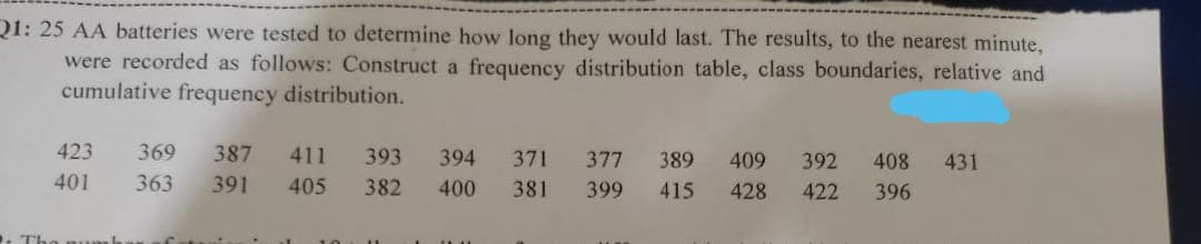 Q1: 25 AA batteries were tested to determine how long they would last. The results, to the nearest minute,
were recorded as follows: Construct a frequency distribution table, class boundaries, relative and
cumulative frequency distribution.
423
369
387
411
393
394
371
377
389
409
392
408
431
401
363
391
405
382
400
381
399
415
428
422
396
