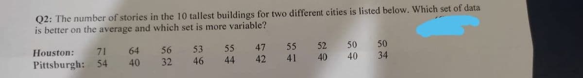 Q2: The number of stories in the 10 tallest buildings for two different cities is listed below. Which set of data
is better on the average and which set is more variable?
50
34
Houston:
71
64
56
53
55
47
55
52
50
Pittsburgh:
54
40
32
46
44
42
41
40
40
