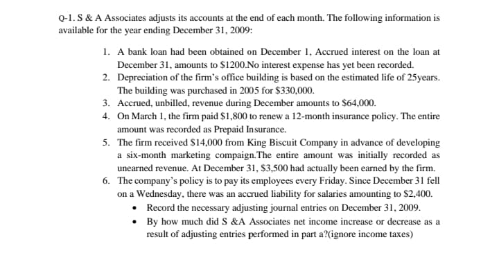 Q-1. S & A Associates adjusts its accounts at the end of each month. The following information is
available for the year ending December 31, 2009:
1. A bank loan had been obtained on December 1, Accrued interest on the loan at
December 31, amounts to $1200.No interest expense has yet been recorded.
2. Depreciation of the firm's office building is based on the estimated life of 25years.
The building was purchased in 2005 for $330,000.
3. Accrued, unbilled, revenue during December amounts to $64,000.
4. On March 1, the firm paid $1,800 to renew a 12-month insurance policy. The entire
amount was recorded as Prepaid Insurance.
5. The firm received $14,000 from King Biscuit Company in advance of developing
a six-month marketing compaign.The entire amount was initially recorded as
unearned revenue. At December 31, $3,500 had actually been earned by the firm.
6. The company's policy is to pay its employees every Friday. Since December 31 fell
on a Wednesday, there was an accrued liability for salaries amounting to $2,400.
• Record the necessary adjusting journal entries on December 31, 2009.
• By how much did S &A Associates net income increase or decrease as a
result of adjusting entries performed in part a?(ignore income taxes)
