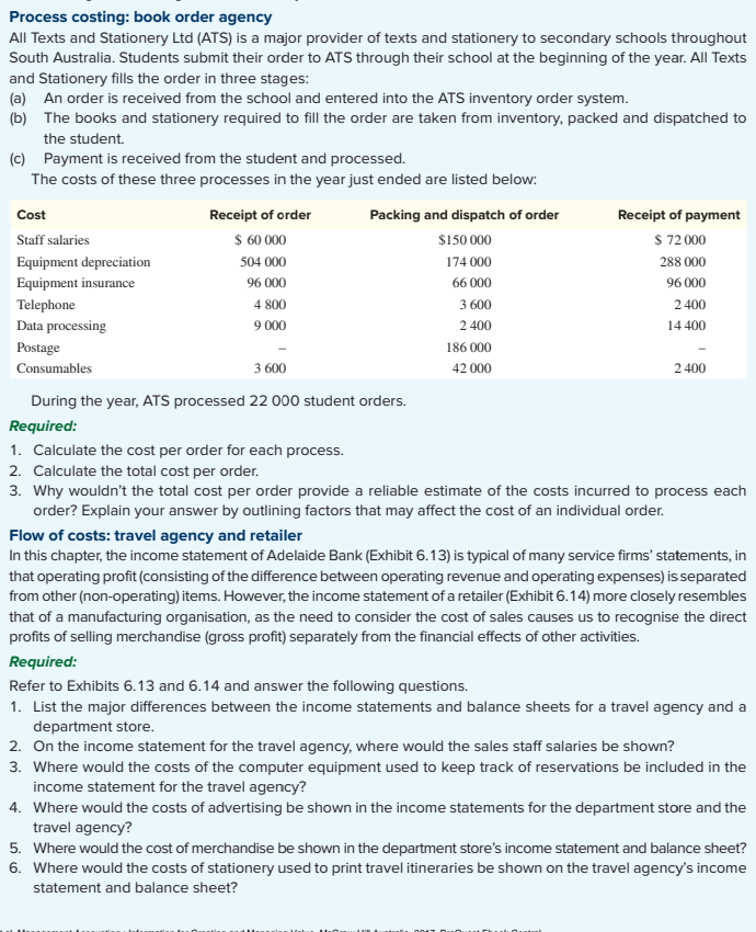 Process costing: book order agency
All Texts and Stationery Ltd (ATS) is a major provider of texts and stationery to secondary schools throughout
South Australia. Students submit their order to ATS through their school at the beginning of the year. All Texts
and Stationery fills the order in three stages:
(a) An order is received from the school and entered into the ATS inventory order system.
(b) The books and stationery required to fill the order are taken from inventory, packed and dispatched to
the student.
(c) Payment is received from the student and processed.
The costs of these three processes in the year just ended are listed below:
Cost
Receipt of order
Packing and dispatch of order
Receipt of payment
$ 60 000
$ 72 000
Staff salaries
$150 000
Equipment depreciation
504 000
174 000
288 000
Equipment insurance
96 000
66 000
96 000
Telephone
4 800
3 600
2 400
Data processing
9 000
2 400
14 400
Postage
186 000
Consumables
3 600
42 000
2 400
During the year, ATs processed 22 000 student orders.
Required:
1. Calculate the cost per order for each process.
2. Calculate the total cost per order.
3. Why wouldn't the total cost per order provide a reliable estimate of the costs incurred to process each
order? Explain your answer by outlining factors that may affect the cost of an individual order.
Flow of costs: travel agency and retailer
In this chapter, the income statement of Adelaide Bank (Exhibit 6.13) is typical of many service firms' statements, in
that operating profit (consisting of the difference between operating revenue and operating expenses) is separated
from other (non-operating) items. However, the income statement of a retailer (Exhibit 6.14) more closely resembles
that of a manufacturing organisation, as the need to consider the cost of sales causes us to recognise the direct
profits of selling merchandise (gross profit) separately from the financial effects of other activities.
Required:
Refer to Exhibits 6.13 and 6.14 and answer the following questions.
1. List the major differences between the income statements and balance sheets for a travel agency and a
department store.
2. On the income statement for the travel agency, where would the sales staff salaries be shown?
3. Where would the costs of the computer equipment used to keep track of reservations be included in the
income statement for the travel agency?
4. Where would the costs of advertising be shown in the income statements for the department store and the
travel agency?
5. Where would the cost of merchandise be shown in the department store's income statement and balance sheet?
6. Where would the costs of stationery used to print travel itineraries be shown on the travel agency's income
statement and balance sheet?
