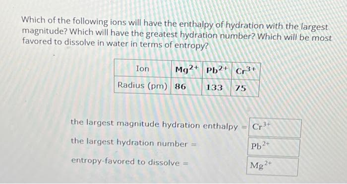 Which of the following ions will have the enthalpy of hydration with the largest
magnitude? Which will have the greatest hydration number? Which will be most
favored to dissolve in water in terms of entropy?
Ion
Mg2+ Pb2+ Cr³+
133 75
Radius (pm) 86
the largest magnitude hydration enthalpy
the largest hydration number =
entropy-favored to dissolve =
Cr³+
Pb2+
Mg