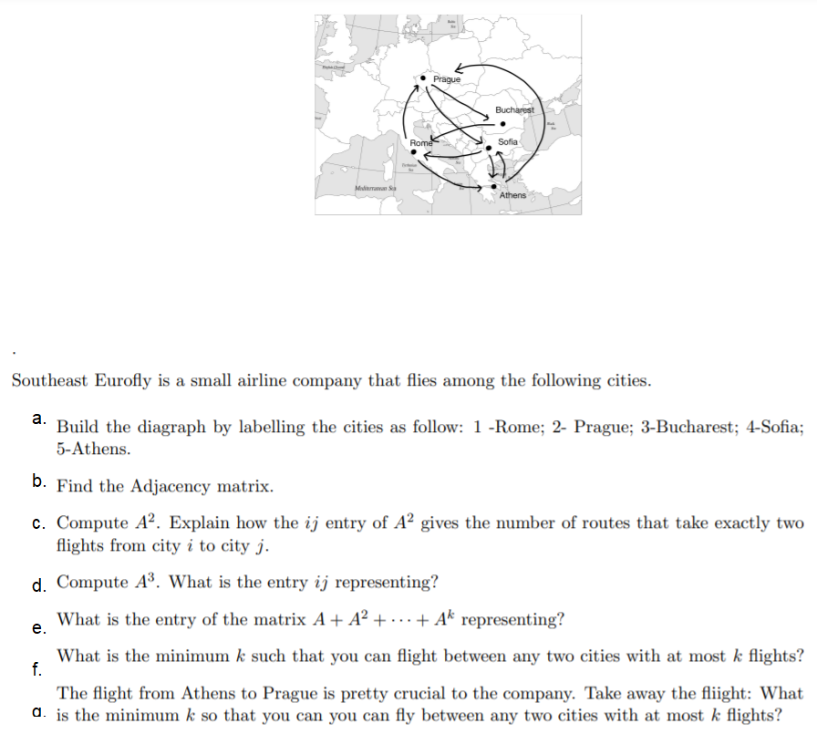 Prague
Bucharest
Rome
Sofia
Medterraan Sa
Athens
Southeast Eurofly is a small airline company that flies among the following cities.
а.
Build the diagraph by labelling the cities as follow: 1 -Rome; 2- Prague; 3-Bucharest; 4-Sofia;
5-Athens.
b. Find the Adjacency matrix.
c. Compute A². Explain how the ij entry of A² gives the number of routes that take exactly two
flights from city i to city j.
d. Compute A³. What is the entry ij representing?
What is the entry of the matrix A+ A² + · .. + Ak representing?
е.
What is the minimum k such that you can flight between any two cities with at most k flights?
f.
The flight from Athens to Prague is pretty crucial to the company. Take away the fliight: What
d. is the minimum k so that you can you can fly between any two cities with at most k flights?
