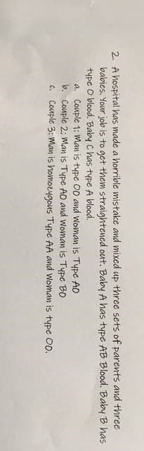 2. A hospital has made a horrible mistake and mixed up three sets of parents and three
babies. Your job is to get them straightened out. Baby A has type AB Blood. Baby B has
type O blood. Baby C has type A blood.
a. Couple 1: Man is type 00 and Woman is Type AO
b. Couple 2; Man is Type AO and Woman is Type BO
c. Couple 3: Man is homozygous Type AA and woman is type 0.
