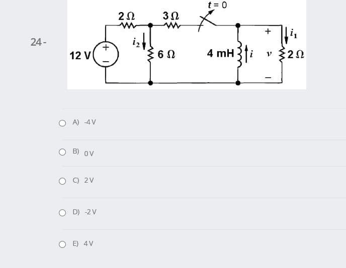 t = 0
20
+
24-
12 V(
6 N
4 mH
v {20
O A) -4V
B) ov
C) 2V
O D) -2V
E) 4V
