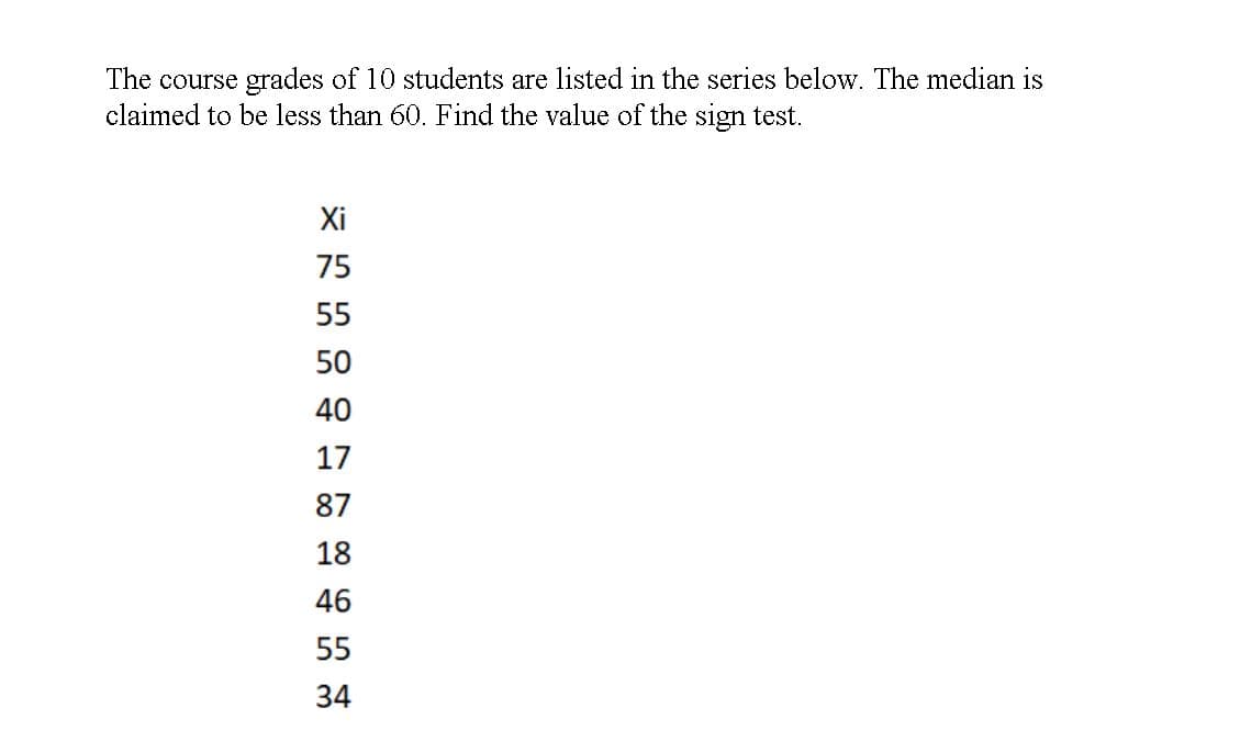 The course grades of 10 students are listed in the series below. The median is
claimed to be less than 60. Find the value of the sign test.
Xi
75
55
50
40
17
87
18
46
55
34
