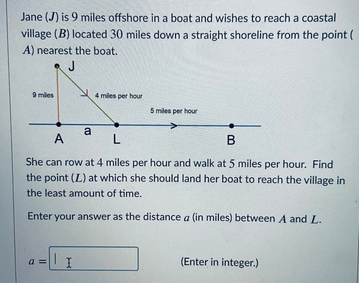 Jane (J) is 9 miles offshore in a boat and wishes to reach a coastal
village (B) located 30 miles down a straight shoreline from the point (
A) nearest the boat.
9 miles
4 miles per hour
5 miles per hour
a
She can row at 4 miles per hour and walk at 5 miles per hour. Find
the point (L) at which she should land her boat to reach the village in
the least amount of time.
Enter your answer as the distance a (in miles) between A and L.
I I
|
(Enter in integer.)
a
