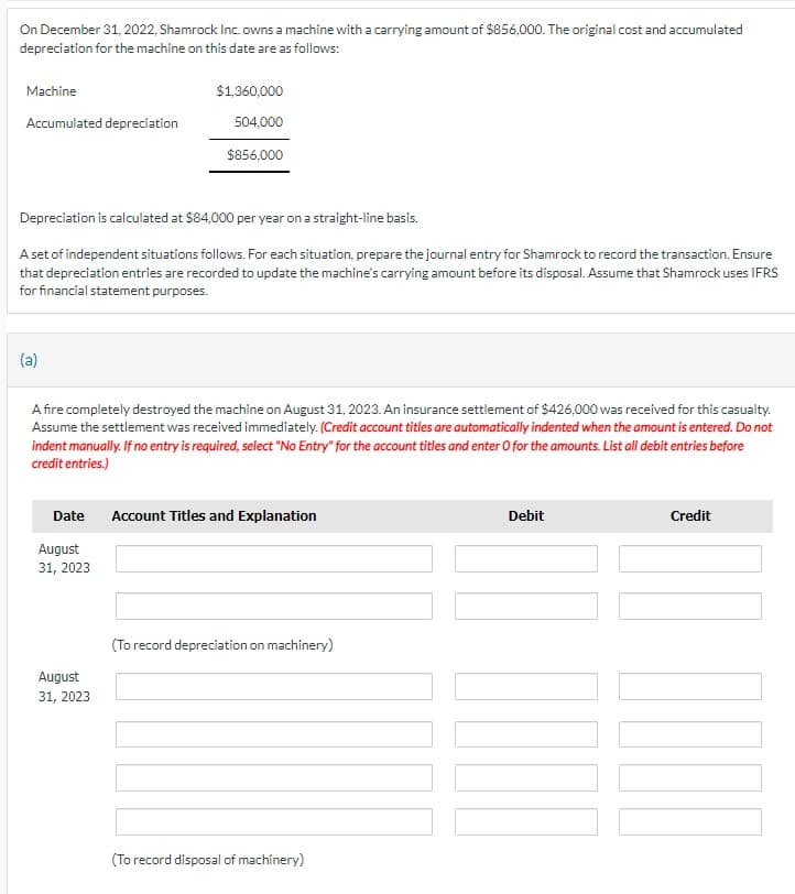 On December 31, 2022, Shamrock Inc. owns a machine with a carrying amount of $856,000. The original cost and accumulated
depreciation for the machine on this date are as follows:
Machine
Accumulated depreciation
Depreciation is calculated at $84,000 per year on a straight-line basis.
A set of independent situations follows. For each situation, prepare the journal entry for Shamrock to record the transaction. Ensure
that depreciation entries are recorded to update the machine's carrying amount before its disposal. Assume that Shamrock uses IFRS
for financial statement purposes.
(a)
$1,360,000
504,000
$856,000
A fire completely destroyed the machine on August 31, 2023. An insurance settlement of $426,000 was received for this casualty.
Assume the settlement was received immediately. (Credit account titles are automatically indented when the amount is entered. Do not
indent manually. If no entry is required, select "No Entry" for the account titles and enter O for the amounts. List all debit entries before
credit entries.)
Date Account Titles and Explanation
August
31, 2023
August
31, 2023
(To record depreciation on machinery)
(To record disposal of machinery)
Debit
Credit
11