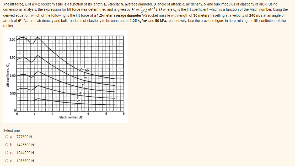 The lift force, F, of a V-2 rocket missile is a function of its length, L, velocity, V, average diameter, D, angle of attack, a, air density, p, and bulk modulus of elasticity of air, K. Using
dimensional analysis, the expression for lift force was determined and is given by F = CLPV2LD where c is the lift coefficient which is a function of the Mach number. Using the
derived equation, which of the following is the lift force of a 1.2-meter average diameter V-2 rocket missile with length of 30 meters travelling at a velocity of 240 m/s at an angle of
attack of 6º. Assume air density and bulk modulus of elasticity to be constant at 1.25 kg/m³ and 50 kPa, respectively. Use the provided figure in determining the lift coefficient of the
rocket.
6
2.00
1.50
Mach number, M
Lift coefficient, C
1.00
0.50
Select one:
O a.
777600 N
O b.
1425600 N
О с.
1944000 N
O d. 1036800 N