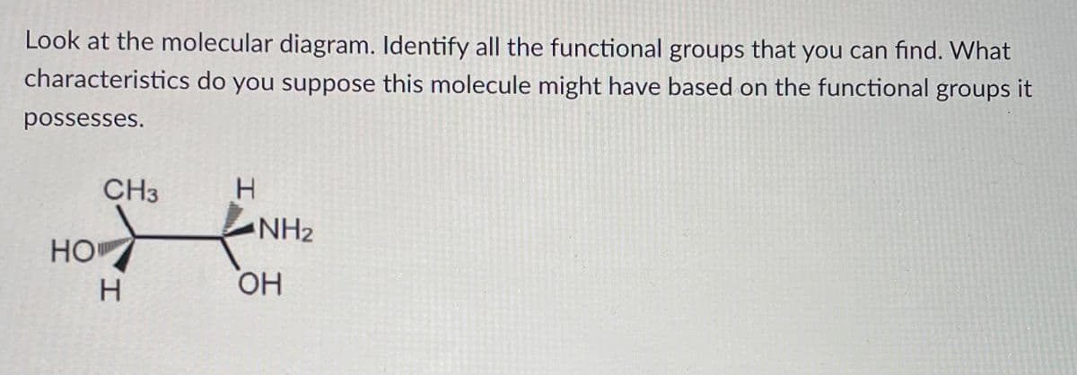 Look at the molecular diagram. Identify all the functional groups that you can find. What
characteristics do you suppose this molecule might have based on the functional groups it
possesses.
CH3
NH2
HO
H.
HO,
