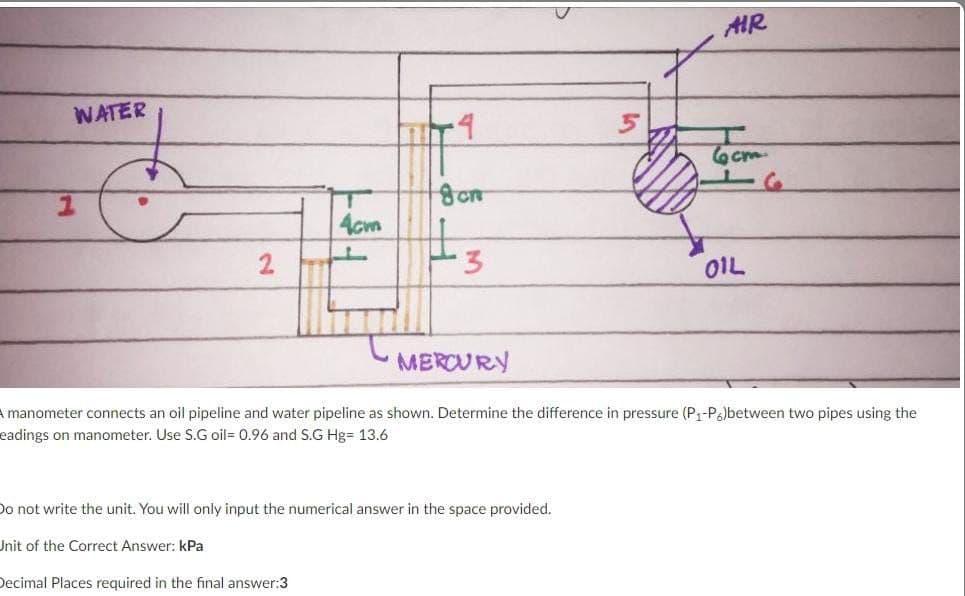 AIR
WATER
-4
4cm
OIL
MERCURY
A manometer connects an oil pipeline and water pipeline as shown. Determine the difference in pressure (P1-Pabetween two pipes using the
eadings on manometer. Use S.G oil= 0.96 and S.G Hg= 13.6
Do not write the unit. You will only input the numerical answer in the space provided.
Unit of the Correct Answer: kPa
Decimal Places required in the final answer:3
