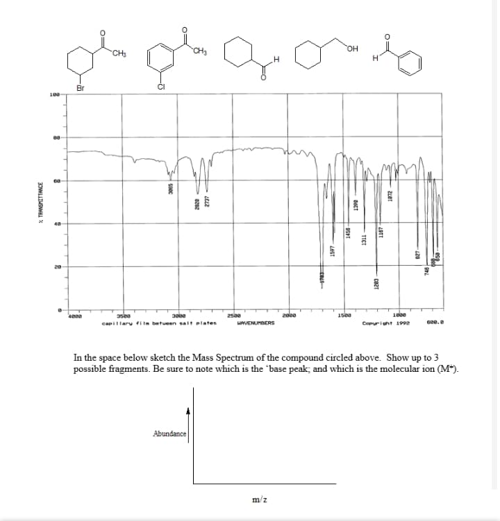 CH3
CH3
OH
H
Br
100
20
3sea
capillary fi in betueen salt plates
2sae
15ea
LAVENUMBERS
Copuright 1992
6ae. e
In the space below sketch the Mass Spectrum of the compound circled above. Show up to 3
possible fragments. Be sure to note which is the base peak; and which is the molecular ion (M*).
Abundance
m/z
-esg.
128
LOTT
LEST
* TRANSMITTANCE
