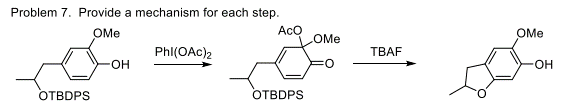 Problem 7. Provide a mechanism for each step.
OMe
OTBDPS
-OH
Phl(OAc)2
Aco
OTBDPS
OMe
TBAF
OMe
-OH