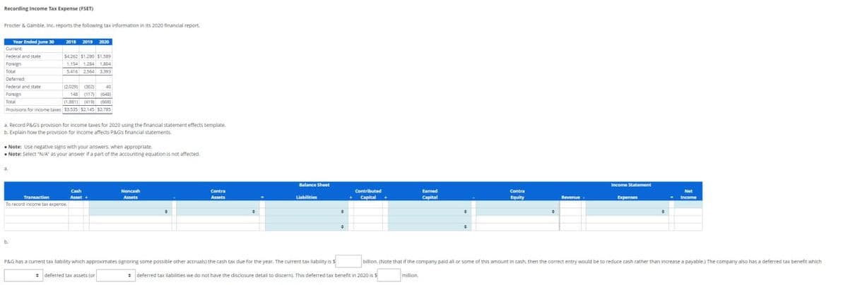 Recording Income Tax Expense (FSET)
Procter & Gamble, Inc. reports the following tax information in its 2020 financial report.
Year Ended June 30
Current
Federal and state
Foreign
Total
Deferred
Federal and state
Foreign
Total
2018 2019 2020
$4,262 $1.280 $1.589
1.154 1.284 1.804
5416 2564 3393
(2029) (302) 40
148 (117) (648)
(1.881) (419) (608)
Provisions for income taxes $3.535 $2.145 $2.785
a. Record P&G's provision for income taxes for 2020 using the financial statement effects template.
b. Explain how the provision for income affects P&G's financial statements.
Note: Use negative signs with your answers, when appropriate.
■Note: Select "N/A" as your answer if a part of the accounting equation is not affected.
Transaction
To record income tax expense
b.
Asset +
Noncash
Assets
Balance Sheet
Contra
Assets
Liabilities
Contributed
Capital
Earned
Capital
Contra
Equity
°
Income Statement
Revenue.
Expenses
Net
Income
billion. (Note that if the company paid all or some of this amount in cash, then the correct entry would be to reduce cash rather than increase a payable) The company also has a deferred tax benefit which
P&G has a current tax liability which approximates (ignoring some possible other accruals) the cash tax due for the year. The current tax liability is $
deferred tax liabilities we do not have the disclosure detail to discern). This deferred tax benefit in 2020 is $
deferred tax assets (or
million.