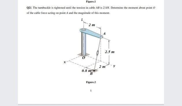 Figure.
Q2. The tumbuckle is tightened until the tension in cahle AB is 2 kN. Determine the moment about point o
nf the cable force acting on point A and the magninude of this moment.
2.5 m
2 m
0.8 m
B
Figure.2
