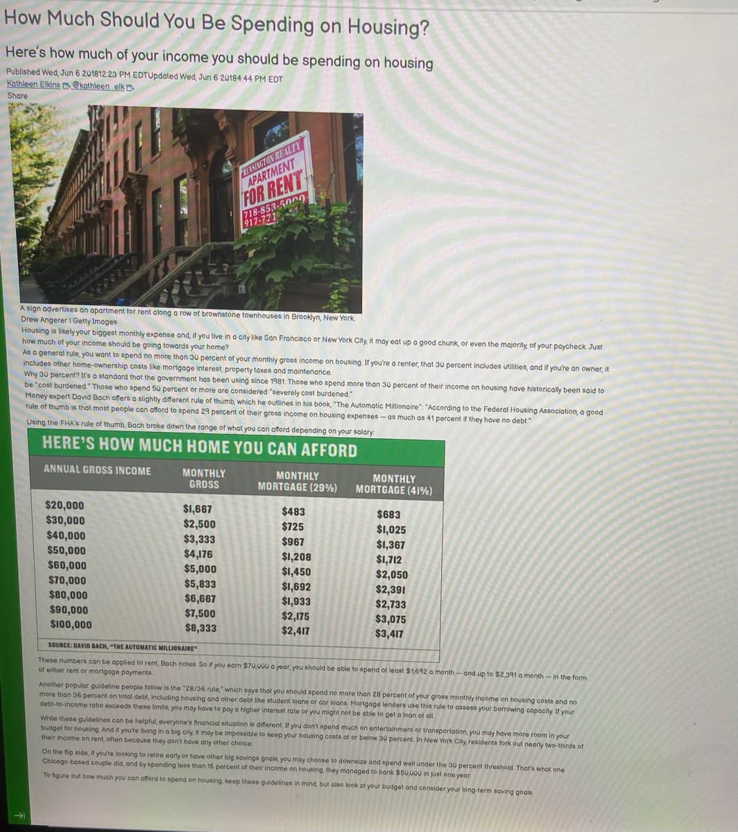 How Much Should You Be Spending on Housing?
Here's how much of your income you should be spending on housing
Published Wed, Jun 6 201812:23 PM EDTUpdated Wed, Jun 6 20184:44 PM EDT
Kathleen Elkins @kathleen elk
Share
→
A sign advertises an apartment for rent along a row of brownstone townhouses in Brooklyn, New York.
Drew Angerer I Getty Images
Housing is likely your biggest monthly expense and, if you live in a city like San Francisco or New York City, it may eat up a good chunk, or even the majority of your paycheck Just
how much of your income should be going towards your home?
As a general rule, you want to spend no more than 30 percent of your monthly gross income on housing. If you're a renter, that 30 percent includes utilities, and if you're an owner, it
includes other home-ownership costs like mortgage interest, property taxes and maintenance.
$20,000
$30,000
Why 30 percent? It's a standard that the government has been using since 1981: Those who spend more than 30 percent of their income on housing have historically been said to
be "cost burdened. Those who spend 50 percent or more are considered "severely cost burdened."
Money expert David Bach offers a slightly different rule of thumb, which he outlines in his book, "The Automatic Millionaire": "According to the Federal Housing Association, a good
rule of thumb is that most people can afford to spend 29 percent of their gross income on housing expenses- as much as 41 percent if they have no debt."
Using the FHA's rule of thumb, Bach broke down the range of what you can afford depending on your salary:
HERE'S HOW MUCH HOME YOU CAN AFFORD
ANNUAL GROSS INCOME
$40,000
$50,000
$60,000
$70,000
$80,000
$90,000
$100,000
MONTHLY
GROSS
$1,667
$2,500
FREASINGTON REALTY
APARTMENT
$3,333
$4,176
FOR RENT
718-853-5000.
917-771
$5,000
$5,833
$6,667
$7,500
$8,333
MONTHLY
MORTGAGE (29%)
$483
$725
$967
$1,208
$1,450
$1,692
$1,933
$2,175
$2,417
MONTHLY
MORTGAGE (41%)
$683
$1,025
$1,367
$1,712
$2,050
$2,391
$2,733
$3,075
$3,417
SOURCE: DAVID BACH, "THE AUTOMATIC MILLIONAIRE"
These numbers can be applied to rent, Bach notes. So if you earn $70,000 a year, you should be able to spend at least $1,692 a month - and up to $2,391 a month - in the form
of either rent or mortgage payments.
Another popular guideline people follow is the "28/36 rule," which says that you should spend no more than 28 percent of your gross monthly income on housing costs and no
more than 36 percent on total debt, including housing and other debt like student loans or car loans Mortgage lenders use this rule to assess your borrowing capacity. If your
debt-to-income ratio exceeds these limits, you may have to pay a higher interest rate or you might not be able to get a loan at all.
While these guidelines can be helpful, everyone's financial situation is different. If you don't spend much on entertainment or transportation, you may have more room in your
budget for housing. And if you're living in a big city, it may be impossible to keep your housing costs at or below 30 percent. In New York City, residents fork out nearly two-thirds of
their income on rent, often because they don't have any other choice.
On the flip side, if you're looking to retire early or have other big savings goals, you may choose to downsize and spend well under the 30 percent threshold. That's what one.
Chicago-based couple did, and by spending less than 15 percent of their income on housing, they managed to bank $50,000 in just one year.
To figure out how much you can afford to spend on housing, keep these guidelines in mind, but also look at your budget and consider your long-term saving goals.