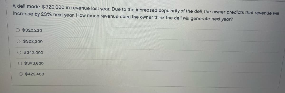 A deli made $320,000 in revenue last year. Due to the increased popularity of the deli, the owner predicts that revenue will
increase by 23% next year. How much revenue does the owner think the deli will generate next year?
O $320,230
O $322,300
O $343,000
O $393,600
O $422,400