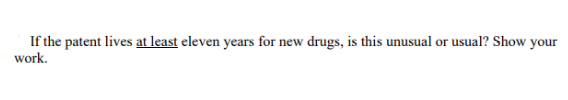 If the patent lives at least eleven years for new drugs, is this unusual or usual? Show your
work.
