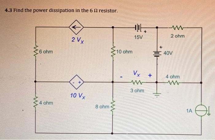 4.3 Find the power dissipation in the 6 2 resistor.
->
2 ohm
15V
2 Vx
6 ohm
10 ohm
40V
Vx +
4 ohm
3 ohm
10 Vx
4 ohm
8 ohm
1A
