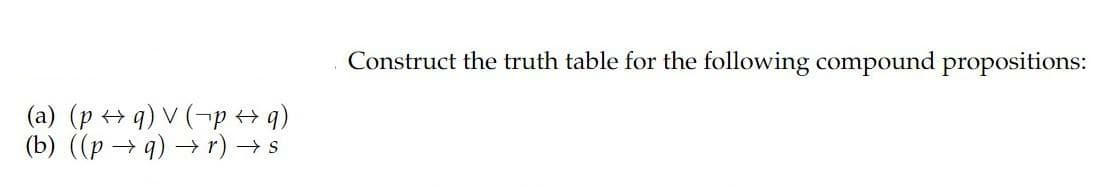 Construct the truth table for the following compound propositions:
(a) (p + q) V (-p +q)
(b) ((p → q) → r) → s
