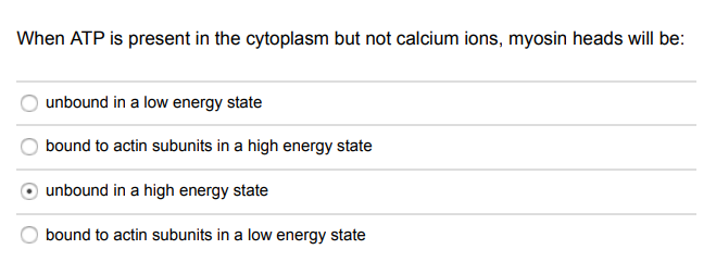 When ATP is present in the cytoplasm but not calcium ions, myosin heads will be:
unbound in a low energy state
bound to actin subunits in a high energy state
unbound in a high energy state
bound to actin subunits in a low energy state
