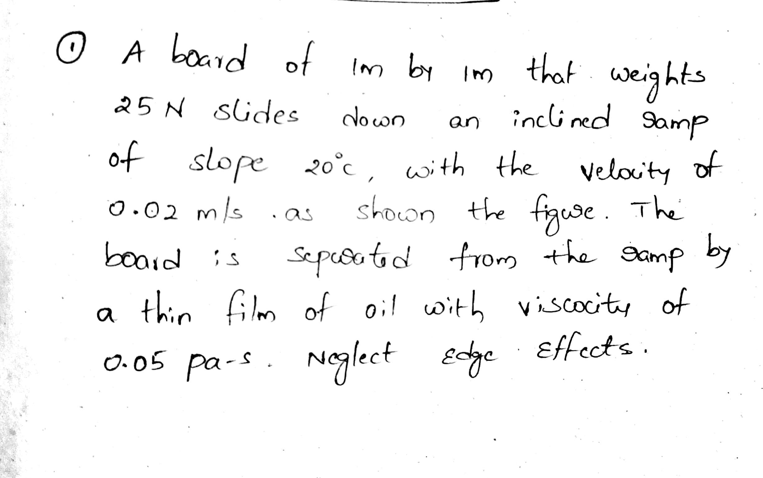 O im bi im that weights
A board of
25 N slides
incli ned Samp
down
an
of slope
20°c , with the
shown the fgwe . The
from the amp
velocity of
O.02 ms .as
board
Sepcoo tod by
is
a thin film of oi! with viscocity of
O.05 pa-s. Neglect
Edge
effects.
