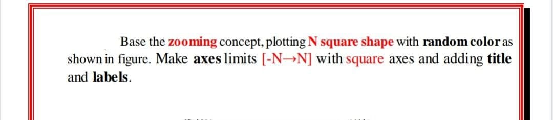 Base the zooming concept, plotting N square shape with random color as
shown in figure. Make axes limits [-N-N] with square axes and adding title
and labels.
