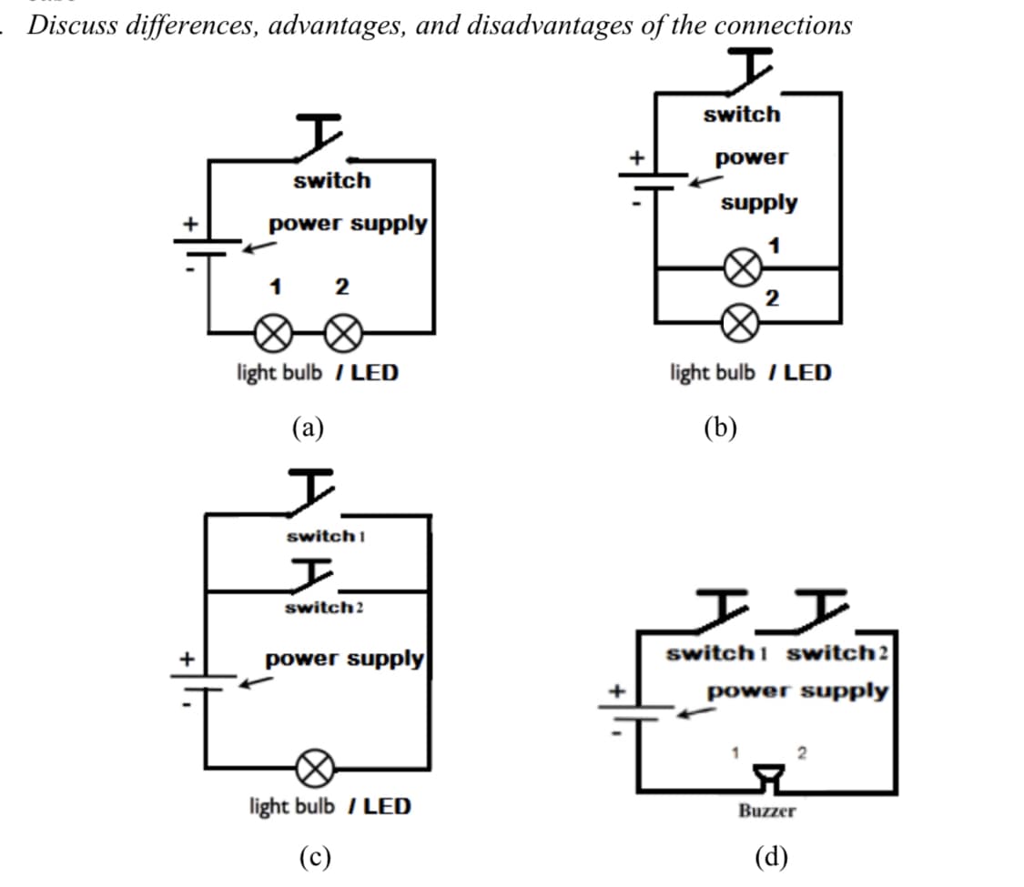 Discuss differences, advantages, and disadvantages of the connections
I
switch
I
1
switch
power supply
2
light bulb / LED
(a)
I
switch 1
I
switch?
power supply
light bulb / LED
(c)
+
power
supply
light bulb / LED
(b)
II.
switch 1 switch?
power supply
I
R
Buzzer
(d)