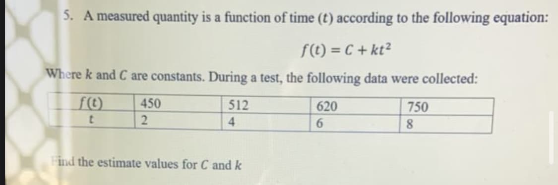 5. A measured quantity is a function of time (t) according to the following equation:
f(t) = C+kt²
Where k and C are constants. During a test, the following data were collected:
f(t)
t
450
2
512
4
Find the estimate values for C and k
620
6
750
8