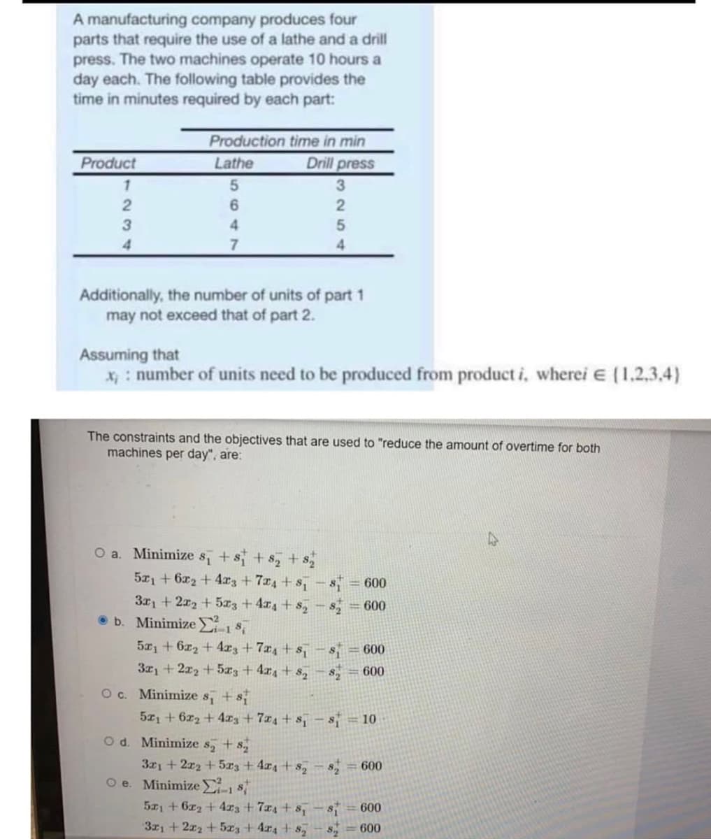 A manufacturing company produces four
parts that require the use of a lathe and a drill
press. The two machines operate 10 hours a
day each. The following table provides the
time in minutes required by each part:
Product
Production time in min
Drill press
Lathe
3
Additionally, the number of units of part 1
may not exceed that of part 2.
Assuming that
x : number of units need to be produced from product i, wherei e (1.2,3,4)
The constraints and the objectives that are used to "reduce the amount of overtime for both
machines per day", are:
O a. Minimize s, +s +s, +s
521 + 6x2 +4z +7x4 +s,- s= 600
3x +2r2+5z +4r4 + s,- s =600
• b. Minimize i-1 S
51 + 6r2+4r3 +7x4 +s, - s
321 +2r2 +5arz + 4x4 + s,
=600
600
Oc. Minimize s, + s
521 + 6r2 + 4æ3+7r4+s,-s=10
Od. Minimize s, + s
321+2r2+5r3 + 4x4 + s, - 8
O e. Minimizei-1 $
600
5, +6r2+4r3 + 7x4 + 8, -s
600
3x1 + 2x2 +5r3 + 4x4 + 8,
600
254
5647
2 3 4
