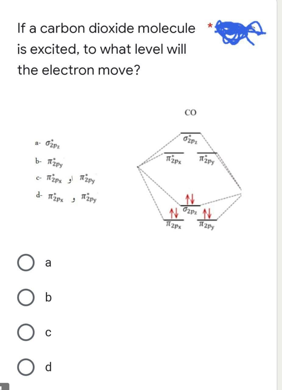 If a carbon dioxide molecule
is excited, to what level will
the electron move?
a- Oipz
b- Tepy
c- Π2px_g
d- Παρ. 9
a
b
Ο c
O d
Tapy
Πέργ
8
CO
σινι
Πέρα
Ν
Π2px
στρι
Tipy
ΠΕΡΥ