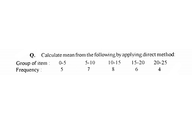 Q. Calculate mean from the following by applying direct method:
Group of item :
Frequency :
0-5
5-10
10-15
15-20
20-25
5
7
8
6
4
