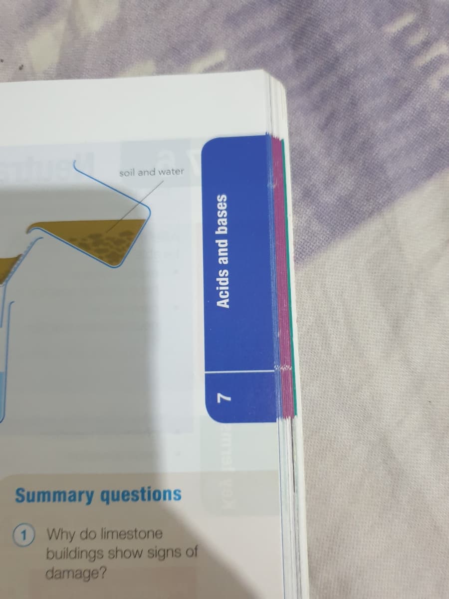 soil and water
7,
Summary questions
1 Why do limestone
buildings show signs of
damage?
Acids and bases
