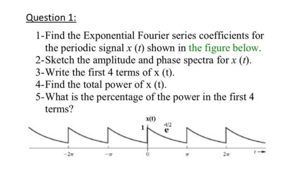 Question 1:
1-Find the Exponential Fourier series coefficients for
the periodic signal x (t) shown in the figure below.
2-Sketch the amplitude and phase spectra for x (t).
3-Write the first 4 terms of x (t).
4-Find the total power of x (t).
5-What is the percentage of the power in the first 4
terms?
X(t)
-1/2
e
2w