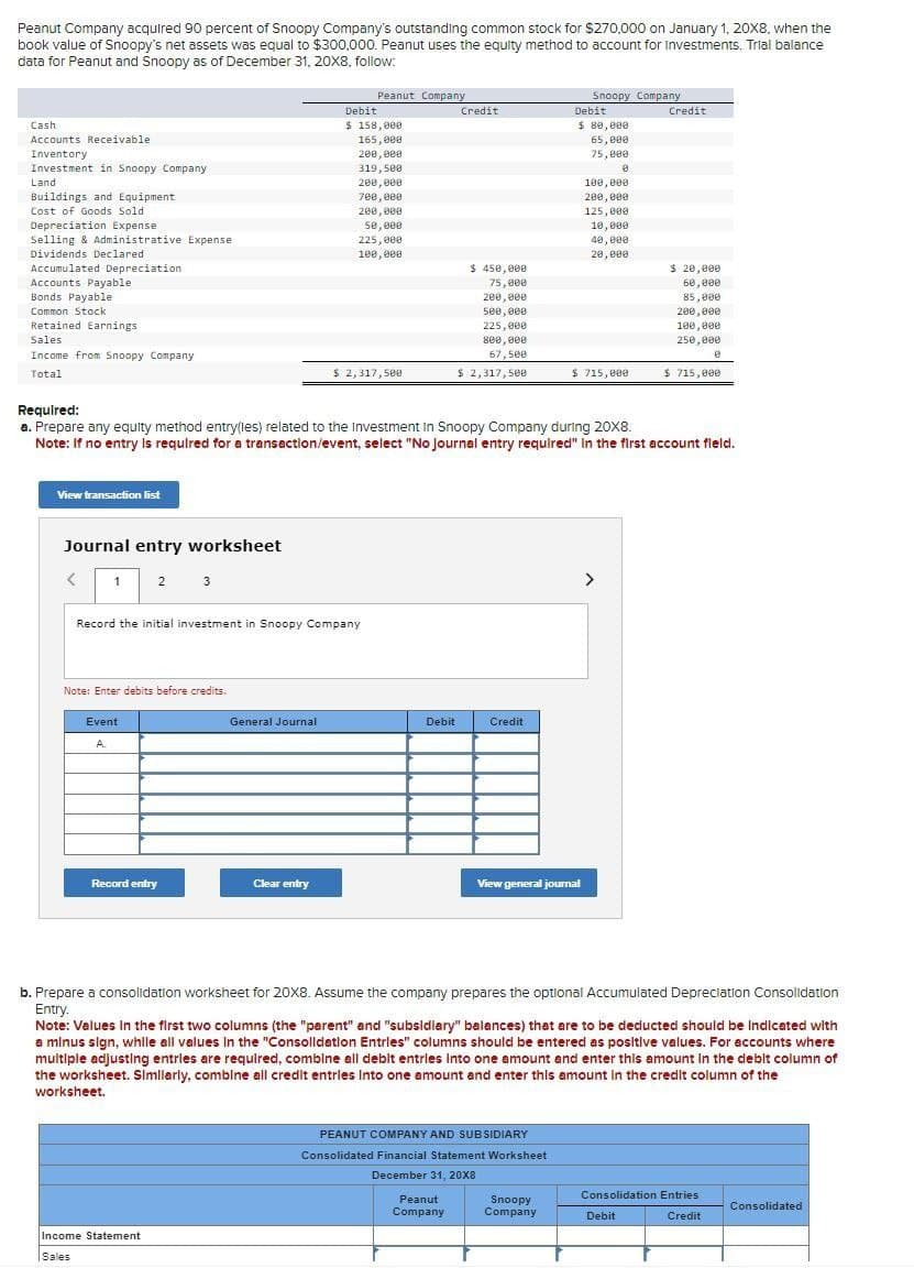 Peanut Company acquired 90 percent of Snoopy Company's outstanding common stock for $270,000 on January 1, 20X8, when the
book value of Snoopy's net assets was equal to $300,000. Peanut uses the equity method to account for Investments. Trial balance
data for Peanut and Snoopy as of December 31, 20X8, follow:
Cash.
Accounts Receivable
Inventory
Investment in Snoopy Company
Land
Buildings and Equipment
Cost of Goods Sold
Depreciation Expense.
Selling & Administrative Expense
Dividends Declared
Accumulated Depreciation
Accounts Payable
Bonds Payable
Common Stock
Retained Earnings
Sales
Income from Snoopy Company
Total
Required:
Peanut Company
Snoopy Company
Debit
Credit
Debit
Credit
$ 158,000
165,000
200,000
319,500
200,000
700,000
200,000
$ 80,000
65,000
75,000
100,000
200,000
125,000
50,000
10,000
225,000
40,000
100,000
20,000
$ 450,000
$ 20,000
75,000
60,000
200,000
85,000
500,000
200,000
225,000
100,000
800,000
250,000
67,500
В
$ 2,317,500
$ 2,317,500
$ 715,000
$ 715,000
a. Prepare any equity method entry(les) related to the Investment In Snoopy Company during 20X8.
Note: If no entry is required for a transaction/event, select "No journal entry required" In the first account field.
View transaction list
Journal entry worksheet
<
1
2
3
Record the initial investment in Snoopy Company
Note: Enter debits before credits.
Event
A.
General Journal
Debit
Credit
Record entry
Clear entry
View general journal
b. Prepare a consolidation worksheet for 20X8. Assume the company prepares the optional Accumulated Depreciation Consolidation
Entry.
Note: Values in the first two columns (the "parent" and "subsidiary" balances) that are to be deducted should be Indicated with
a minus sign, while all values in the "Consolidation Entries" columns should be entered as positive values. For accounts where
multiple adjusting entries are required, combine all debit entries Into one amount and enter this amount in the debit column of
the worksheet. Similarly, combine all credit entries Into one amount and enter this amount in the credit column of the
worksheet.
Income Statement
Sales
PEANUT COMPANY AND SUBSIDIARY
Consolidated Financial Statement Worksheet
December 31, 20X8
Peanut
Company
Consolidation Entries
Snoopy
Company
Consolidated
Debit
Credit