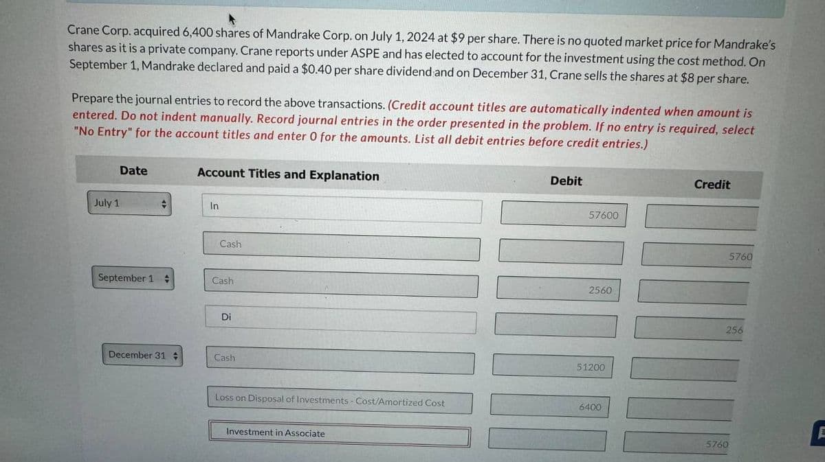 Crane Corp. acquired 6,400 shares of Mandrake Corp. on July 1, 2024 at $9 per share. There is no quoted market price for Mandrake's
shares as it is a private company. Crane reports under ASPE and has elected to account for the investment using the cost method. On
September 1, Mandrake declared and paid a $0.40 per share dividend and on December 31, Crane sells the shares at $8 per share.
Prepare the journal entries to record the above transactions. (Credit account titles are automatically indented when amount is
entered. Do not indent manually. Record journal entries in the order presented in the problem. If no entry is required, select
"No Entry" for the account titles and enter O for the amounts. List all debit entries before credit entries.)
Date
July 1
Account Titles and Explanation
In
Cash
September 1:
Cash
Di
December 31+
Cash
Debit
57600
2560
51200
Loss on Disposal of Investments - Cost/Amortized Cost
6400
Investment in Associate
Credit
5760
256
5760