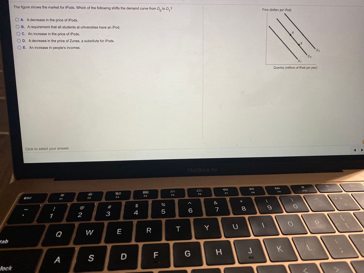 The figure shows the market for iPods. Which of the following shifts the demand curve from D, to D,?
Price (dollars per iPod)
A. A decrease in the price of iPods.
OB. Arequirement that all students at universities have an iPod.
O C. An increase in the price of iPods.
A
O D. A decrease in the price of Zunes, a substitute for iPods.
E. An increase in people's incomes.
D2
Do
DI
Quantity (millions of iPods per year)
Click to select your answer.
MacBook Air
DII
F12
F11
F10
000
F9
吕0
888
F8
F7
F6
F5
F4
F3
esc
F2
F1
$
!
@
7
8
4
5
1
2
E
R
T
Y
Q
W
tab
K
S
D
F
G
А
lock
* 00
# 3
