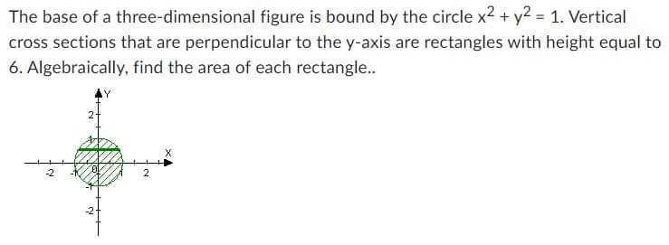 The base of a three-dimensional figure is bound by the circle x² + y² = 1. Vertical
cross sections that are perpendicular to the y-axis are rectangles with height equal to
6. Algebraically, find the area of each rectangle..
-2
Ń
2