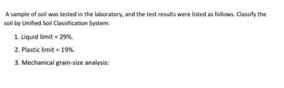 A sample of soil was tested in the laboratory, and the test results were listed as follows. Classify the
soil by Unified Soil Classification System.
1. Liquid limit = 29%.
2. Plastic limit = 19%.
3. Mechanical grain-size analysis:
