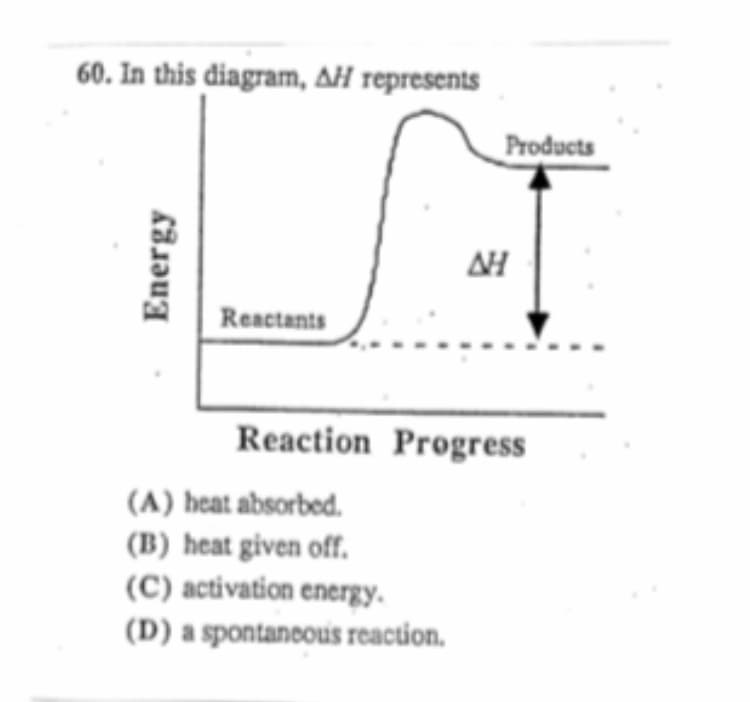 60. In this diagram, AH represents
Products
Reactants
Reaction Progress
(A) heat absorbed.
(B) heat given off.
(C) activation energy.
(D) a spontaneous reaction.
Energy
